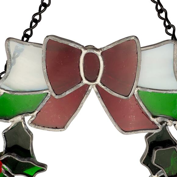 Handmade Vintage 12" Stained Glass Christmas Holiday Wreath Green/Red Decor - Picture 9 of 9